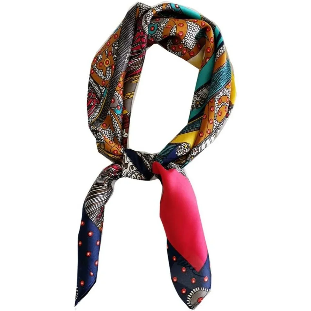 Silk Feeling Scarf Medium Square Satin Head 01 Dark Blue Edge - Picture 1 of 7